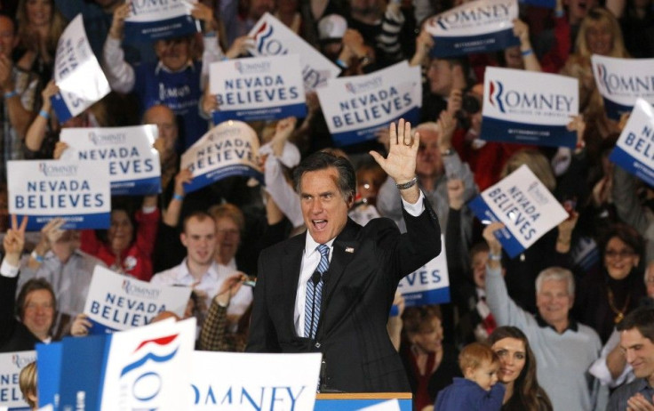 Republican U.S. presidential candidate and former Massachusetts Governor Mitt Romney waves to his supporters while speaking at his Nevada caucus night rally in Las Vegas, Nevada, FebruaRepublican U.S. presidential candidate and former Massachusetts Govern