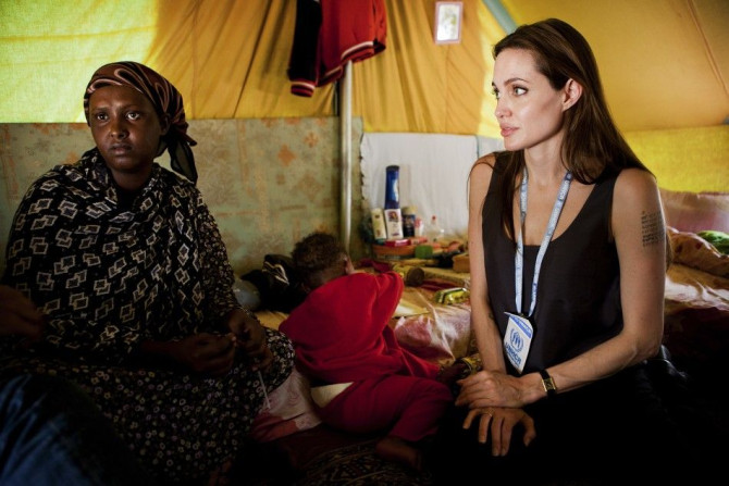 Jolie visiting Somali refugees at Shousha Camp, near the Tunis-Libyan border, at Ras Djir