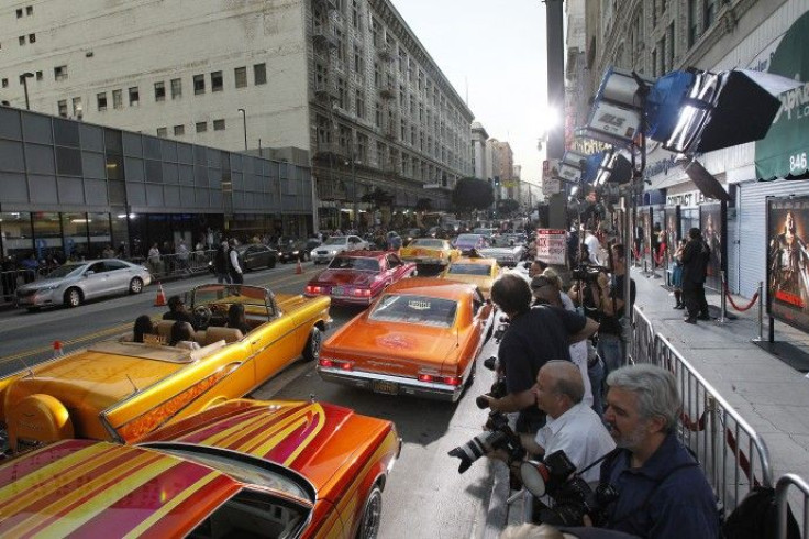 Lowrider cars are parked at the premiere of Machete in Los Angeles
