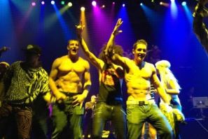 Patriots tight end Rob Gronkowski shirtless with LMFAO after the Super Bowl.