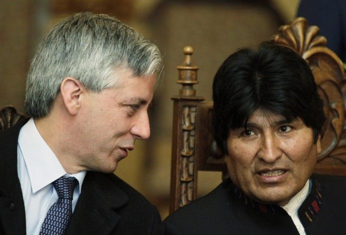 Bolivia's President Morales talks with Vice President Linera during an agreement signing ceremony at the presidential palace in La Paz