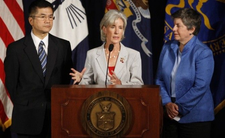  Sebelius speaks about the flu season alongside Locke and Napolitano at the Commerce Department in Washington,  August 19, 2009.