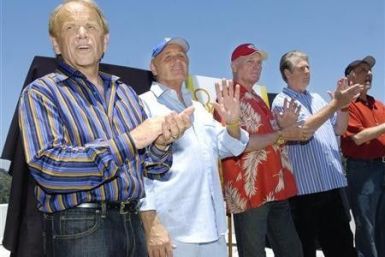 (L-R) Surviving Beach Boys members Al Jardine, Bruce Johnston, Mike Love, Brian Wilson and David Marks appear together for the first time in ten years on the rooftop of Capitol Records in Los Angeles