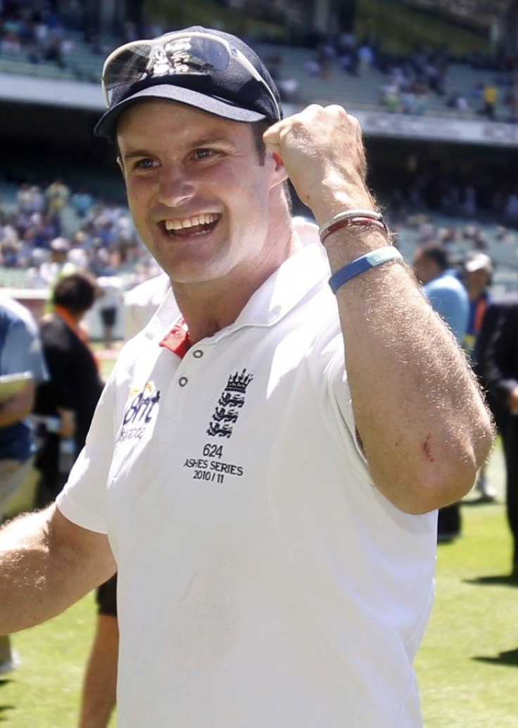 England's Andrew Strauss celebrates winning after England dismissed the final wicket of Australia's Hilfenhaus at the Melbourne Cricket Ground.