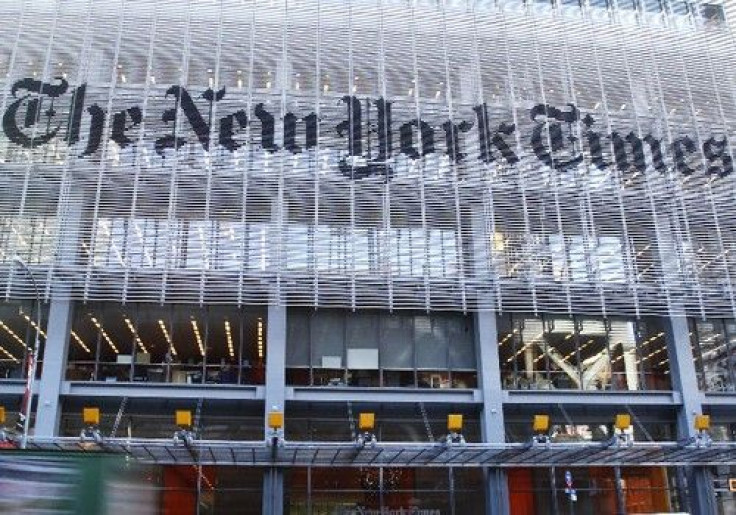 The facade of the New York Times building is seen in New York