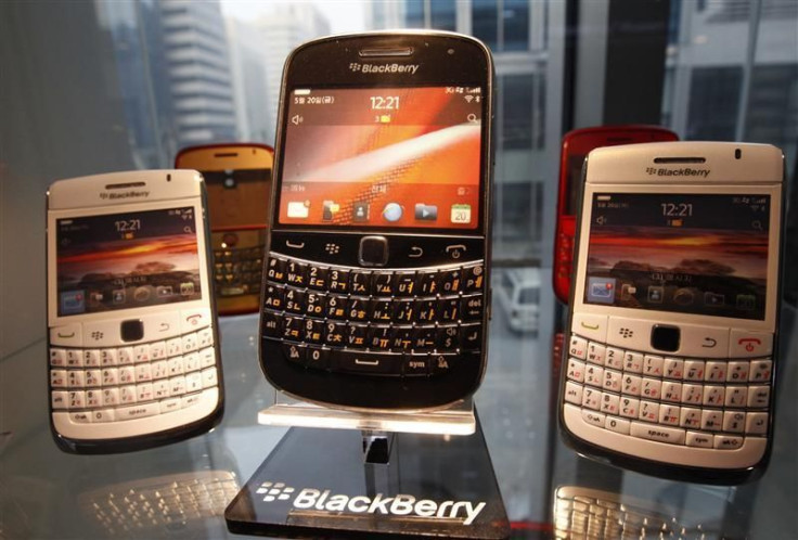 BlackBerry smartphones are displayed at a store in Seoul