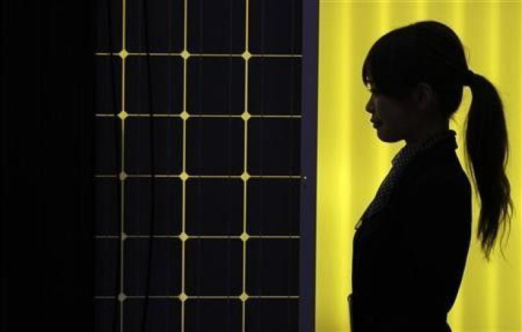 A woman is silhouetted next to a solar panel display by solar module supplier Upsolar at the fourth International Photovoltaic Power Generation (PV) Expo in Tokyo March 2, 2011.