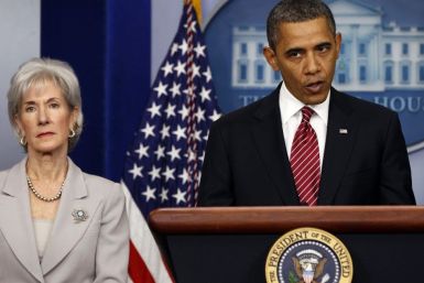 U.S. President Barack Obama makes a statement next to Secretary of HHS Kathleen Sebelius about contraceptive care funding in the press room of the White House in Washington, February 10, 2012.