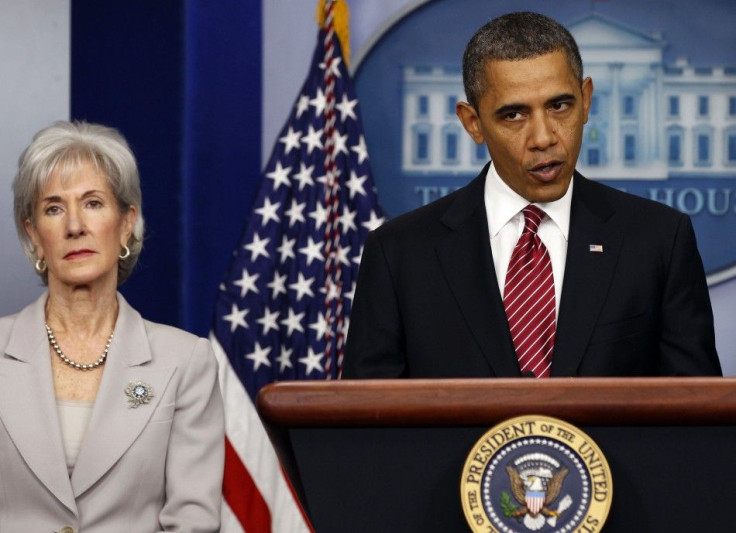 U.S. President Barack Obama makes a statement next to Secretary of HHS Kathleen Sebelius about contraceptive care funding in the press room of the White House in Washington, February 10, 2012.