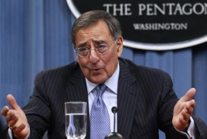 U.S. Defense Secretary Leon Panetta gestures as he briefs the media at the Pentagon Briefing Room in Washington, DC January 26, 2012