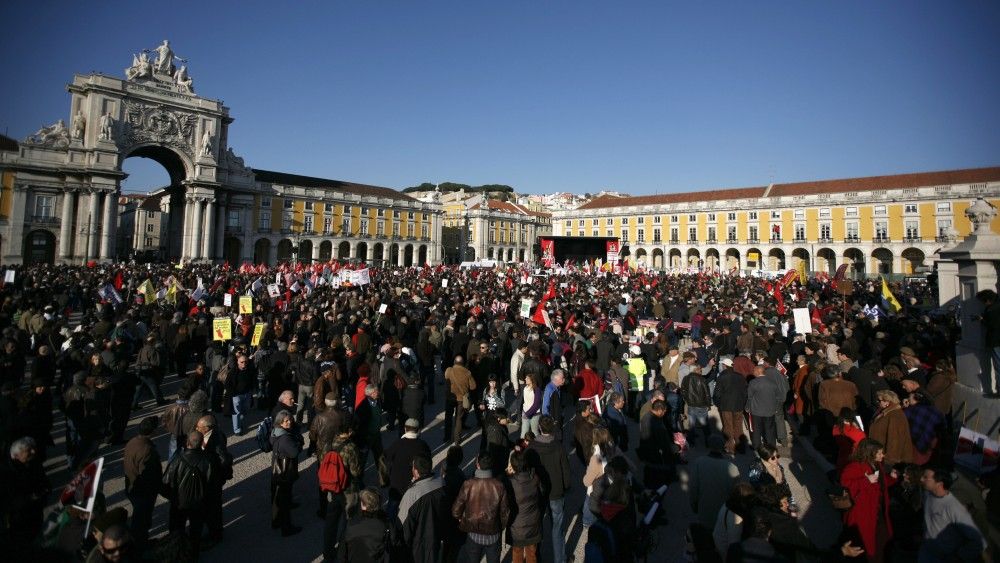 Portugal Tens of thousands spill into Lisbon039s central Terrero do Paco square to protest the government039s austerity measures Saturday.